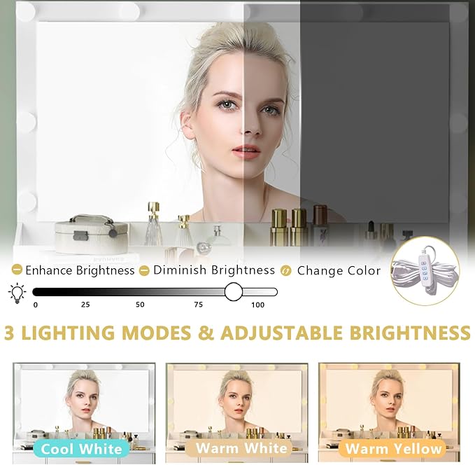 Makeup Vanity Desk with Large Lighted Mirror and Lights, Glass Top Vanity Table Set with 7 Drawers, Power Outlet & Storage Stool, Dressing Table with RGB Ambient Light for Women Girls Bedroom, White