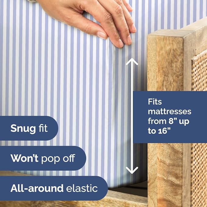 Sky Blue and White Striped Sheets - 1 Flat & 1 Fitted Sheet & 2 Pillowcases w/ Deep Pockets - Comfy, Wrinkle & Fade Free - Soft, Breathable and Cooling - Pinstripe Patterned Bedding - Queen Size