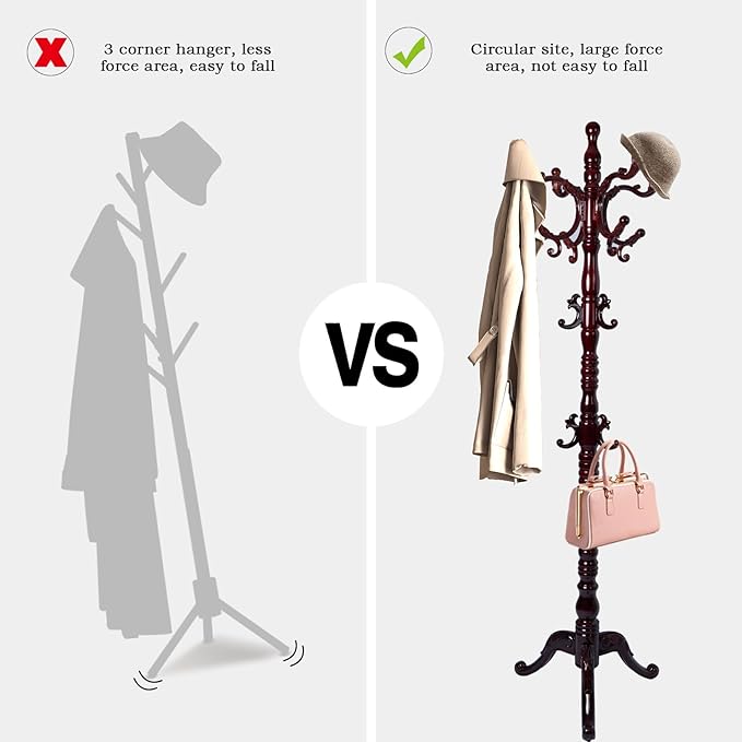 Coat Rack Freestanding, Wooden Tree Coat Rack Stand with 3 Adjustable Sizes Coat Tree and 14 Hooks, Sturdy Hall Tree with Solid Round Base for Entryway, Hallway,Bedroom (Reddish brown-Tri-Legged Base)