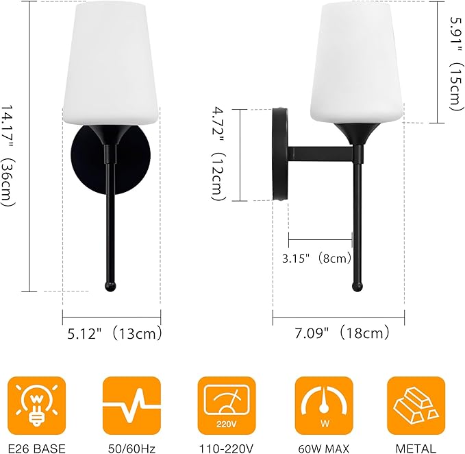 New Bathroom Vanity Light Fixtures 3 Lights Brushed Black Glass Shade Modern Wall Bar Sconce Over Mirror (Brushed Black, 1T 2Pack)