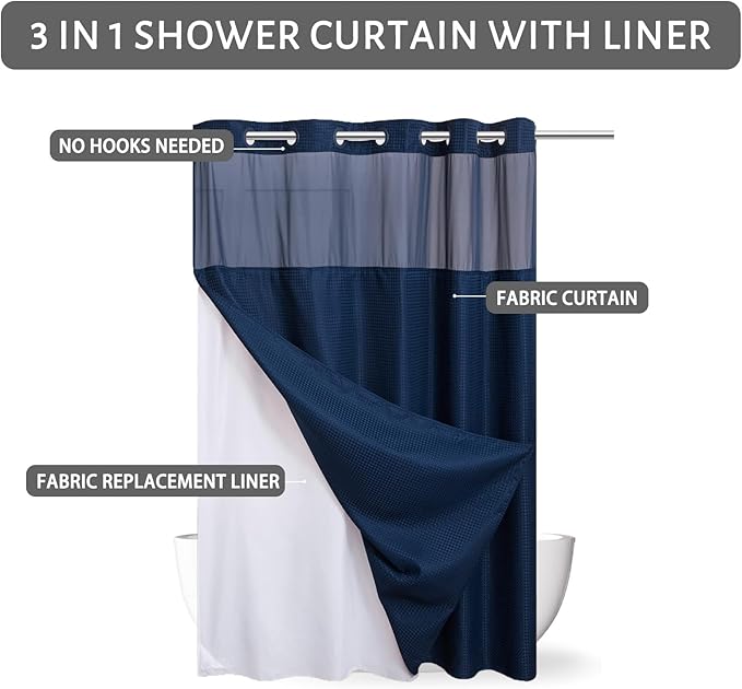 No Hook Waffle Weave Shower Curtain with Snap in Fabric Liner Set,Heavy Duty Textured Bathroom Curtain with See Through Window,Waterproof & Machine Washable,Navy Blue,Stall 54x80 Inch