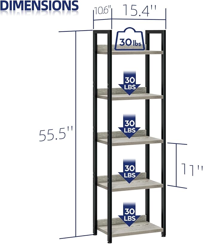 NUMENN Narrow Bookshelf, 5 Tier Bookshelves, Home Office Bookcase Shelf Storage Organizer, Free Standing Storage Shelving Unit for Bedroom, Living Room and Home Office, Grey