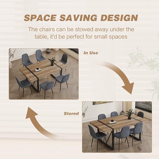 Dining Table Set for 6，Dinner Table Set for 6，71'' Kitchen Table and Suede Nap Fabic Chairs Set of 6，6 Chair Dining Table Set for Kitchen Dining Room
