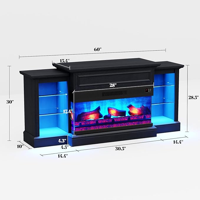 AMERLIFE 60" Electric Fireplace with Mantel, Farmhouse 3-Sided Fireplace TV Stand for TVs up to 65 Inch, Entertainment Center with Adjustable Shelves & LED Light, Antique Black