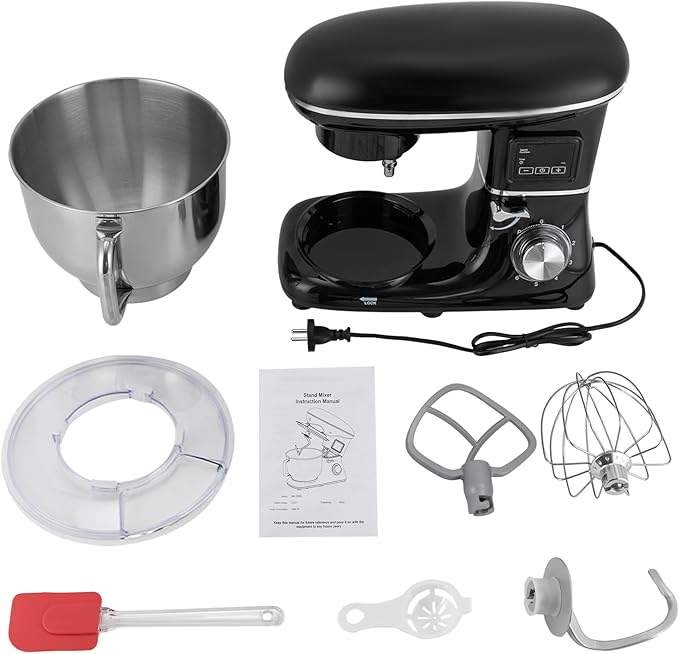 Stand Mixer 1350W Electric Tilt-Head Mixer with 6.5 QT Stainless Steel Bowl, 6 Speed with Pulse Kitchen Mixer, Food Mixer with Dough Hook, Flat Beater, Whisk, Splash Guard (Black)