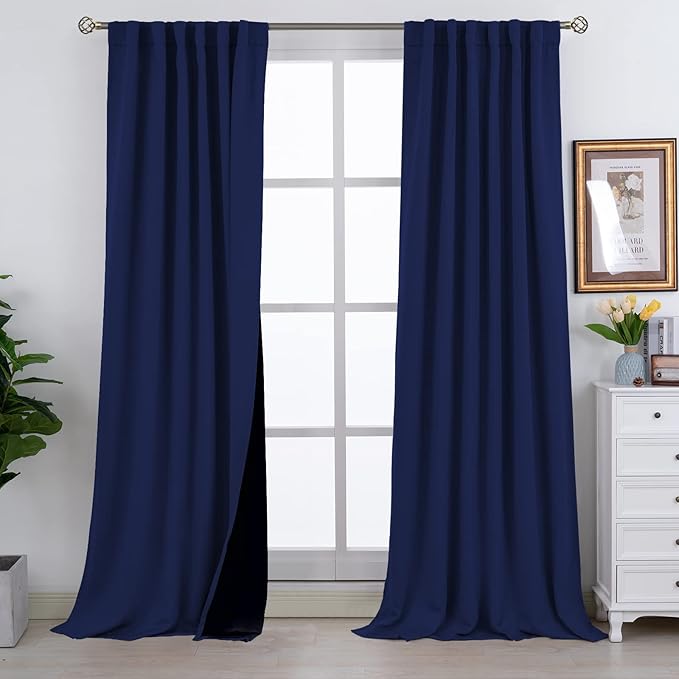 BGment Full Blackout Curtains with Thermal Insulation Liner Curtains 108 Inches Long, Rod Pocket and Back Tab Double Layer Room Darkening Curtains for Bedroom(52 x 108 Inch, 2 Panels, Navy Blue)