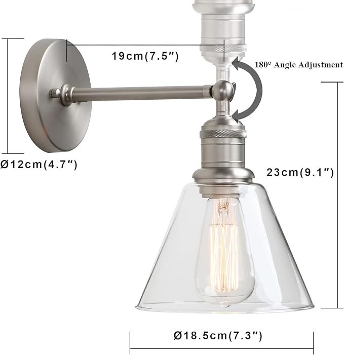 Yosoan Indoor Wall Sconce Fixture Light, 1-Light Modern Single Brass Vintage Industrial Hardwired with Funnel Flared Clear Glass Shade Lamp for Bathroom Sink Porch Kitchen Living Room(Brushed)
