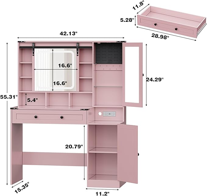 Pink Vanity Desk with Mirror and Lights, Farmhouse Makeup Vanity Desk with Lighted Mirror & Power Outlet, RGB Glass Cabinet, Makeup Dressing Table with 3 Lighting Modes for Bedroom