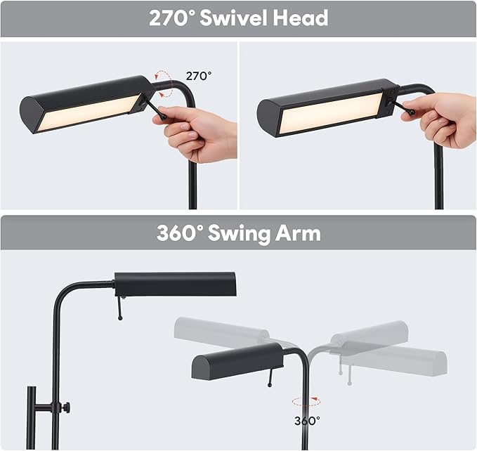 VONLUCE LED Floor Lamp, 62.5" Industrial Floor Lamp for Living Room with Adjustable Height Swing Arm Head 3 Color Temperatures, Metal Standing Pole Lamp for Bedroom Reading, Black