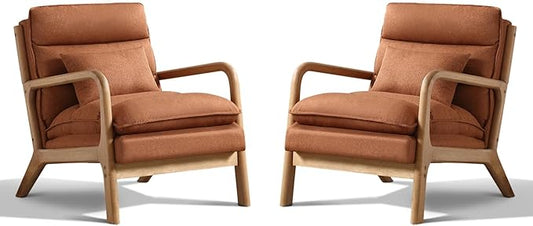 Phoenix Home Accent Chair Set of 2 Mid Century Lounge Chair PU Leather, Upholstered Reading Armchair with Lumbar Pillow & Solid Wood Frame for Office, Living Room Bedroom, Balcony, Brown