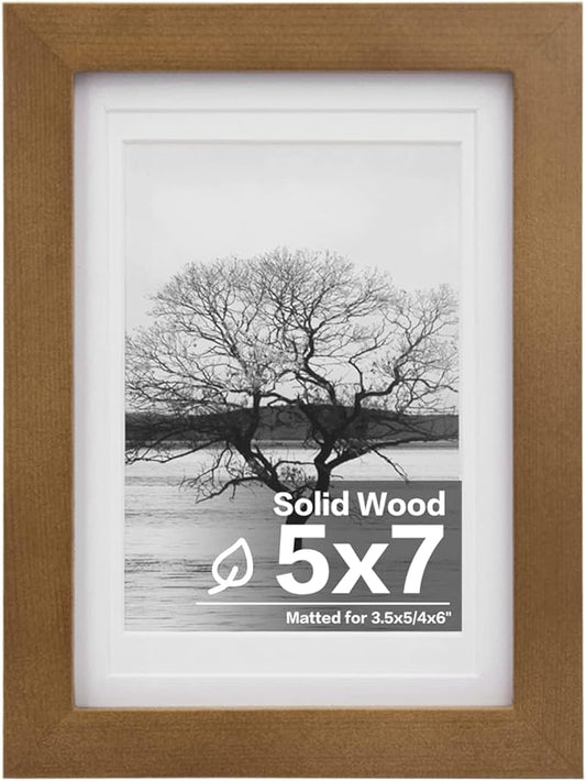 Egofine 5x7 Picture Frame Made of Solid Wood with Plexiglass, Display Pictures 3.5x5/4x6 with Mat or 5x7 Without Mat, for Table Top and Wall Mounting Photo Frame, Light Brown