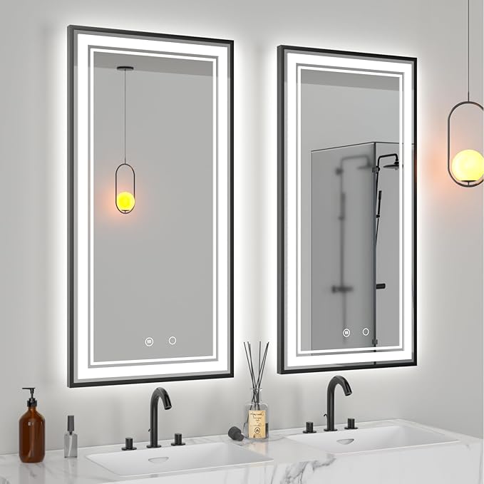 36" x 18" LED Bathroom Mirror with Lights Framed LED Mirror for Bathroom Backlit and Front Lighted Bathroom Mirror Black Square Aluminum Frame Anti-Fog Dimmable Adjustable Shatter-Proof