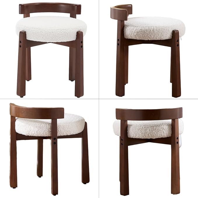 DUOMAY Modern Boucle Vanity Stool, Upholstered Low Back Ottoman with Solid Wood Legs Cute Round Footrest Makeup Stool Dressing Seat for Living Room Bedroom, White