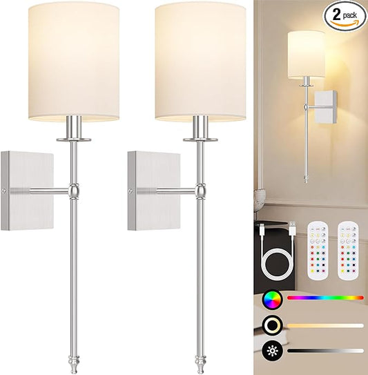 27 Inch Battery Operated Wall Sconces Set of 2 with Remote, Brushed Nickel Rechargeable Wireless Wall Lights with White Fabric Shade, Cordless Wall Lamps with Dimmable Detachable Bulbs for Bedroom