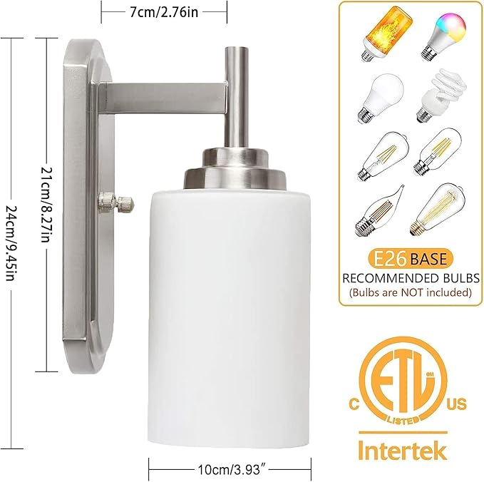 Modern Wall Sconces Set of 2, Bathroom Vanity Lights with White Frosted Glass, Wall Lighting Fixtures Satin Nickel for Entryway Over Mirror Living Room Bedroom