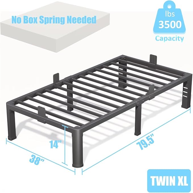 FUIOBYVV 14 Inch Twin XL Bed Frame with Rounded Corner and Headboard Hole Mattress Retainers 3500 LBS Metal Heavy Duty Steel Slats Support No Box Spring Needed Platform Noise Free Easy Assembly