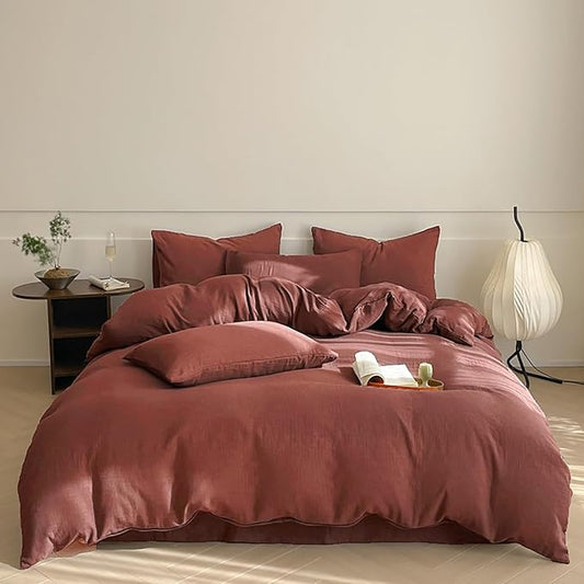 Luxlovery Brick Red Comforter Set Queen Dark Red Bedding Comforter Set Solid Soft Breathable Reddish Solid Color Blanket Quilts 3 Piece Bedding Set for Queen Bed
