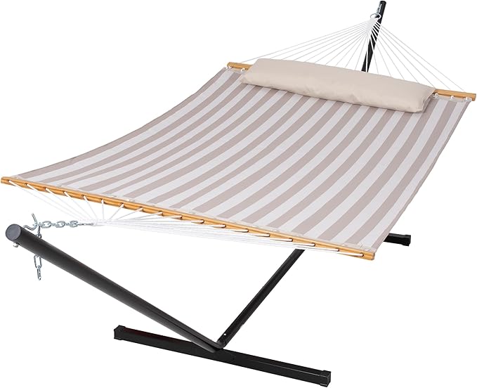 SUNCREAT Double Hammock with Stand Included, Outdoor Portable Hammock with Stand, Light Gray Stripes