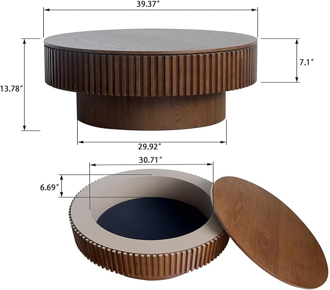 Round Coffee Table for Living Room, Accent Fluted Drum Coffee Table with Storage, Modern Solid Wood Veneered Circle Center Tea Table for Small Space Apartment (39.4''D×14''H-Walnut)