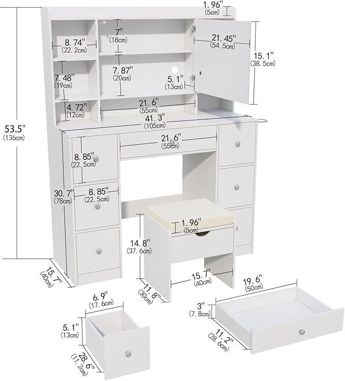 Large Vanity Table with Mirror & Lights - Built-in Power Outlet, Dimmable LED Lighting, 7 Compartments & 7 Drawers - Includes Padded Stool - Ideal Bedroom Makeup Dressing Station (White)