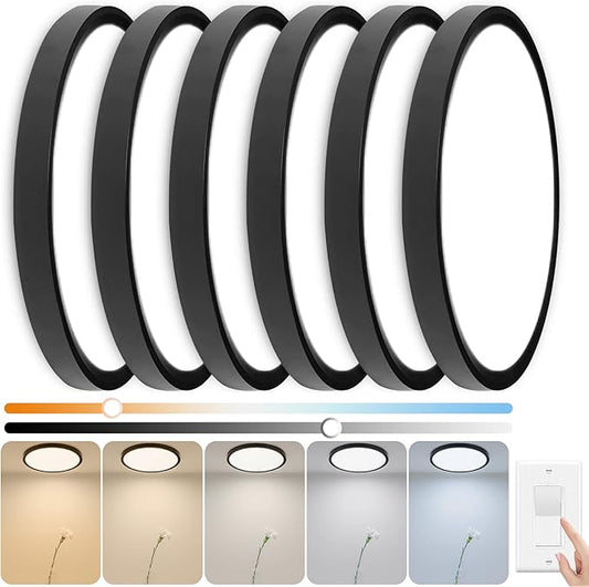 6 Pack 2640LM LED Flush Mount Ceiling Light Fixture, 12inch 24W Dimmable & 5 CCT Selectable (2700K-6500K), Sleek Modern Ceiling Light for Bedroom Laundry Hallway Kitchen, Black