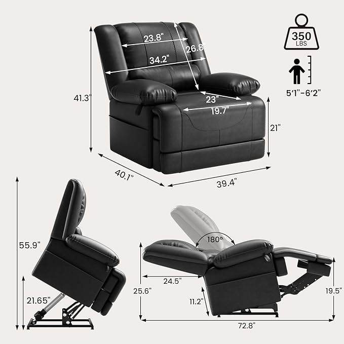 Large Dual Motor Power Lift Recliner Chair with Massage and Heat for Elderly People, Infinite Position,USB Ports and Remote Control,Breathable Leather (Black)