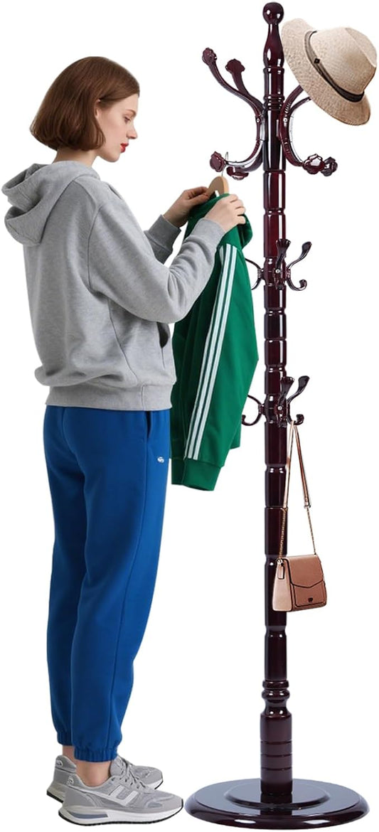 Coat Racks Freestanding, Natural Wood Coat Stands with 14 Hooks, 73" Heavy Duty Adjustable Height Vintage Hall Tree for Entryway, Bedroom, Office, Easy Assembly (Rosewood Ruyi hook)