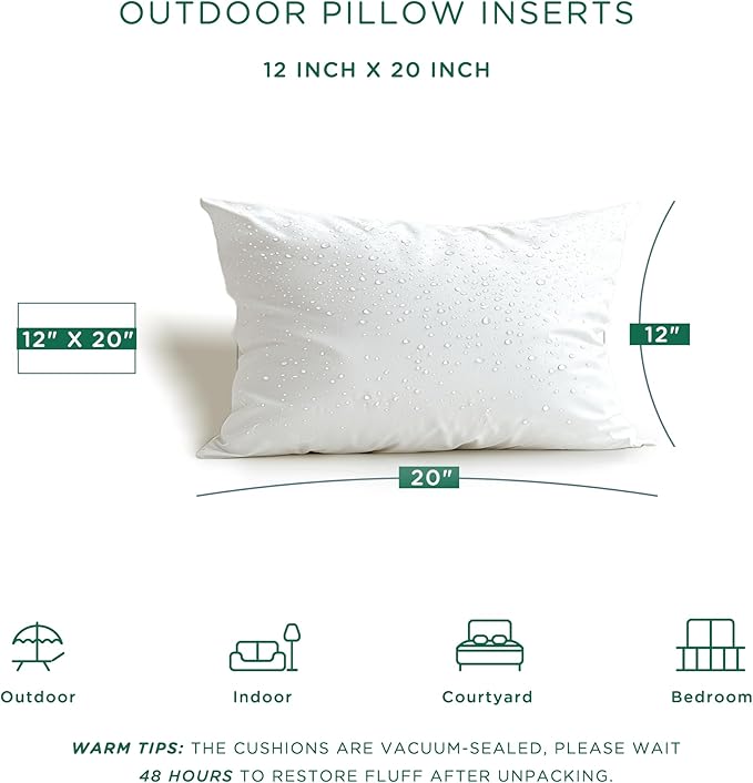 Codi 12x20 Pillow Insert Set of 4, Water Resistant Outdoor Lumbar Pillows for Patio Furniture