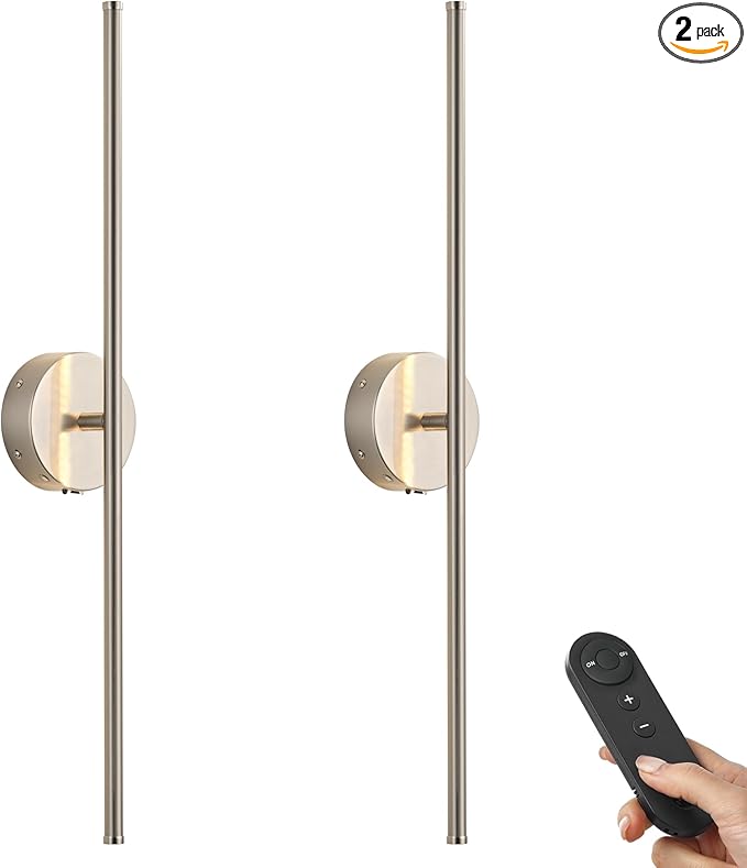 Battery Operated Wall Sconces with Remote Control, Dimmable Wall Sconces Set of Two, 350°Rotate, 3000K LED Nickel Wireless Wall Light for Living Room,Bedroom, Hallway, 28.3 Inch (2 Pack)