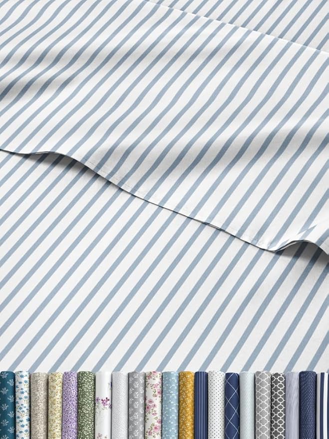 Striped Sheets - Blue & White Striped Sheets - 1 Flat & 1 Fitted & 1 Pillowcase w/ Deep Pockets – Wrinkle & Fade Resistant - Ultra-Soft, Breathable & Cooling - Luxury Pinstripe Bedding - Twin Size Set
