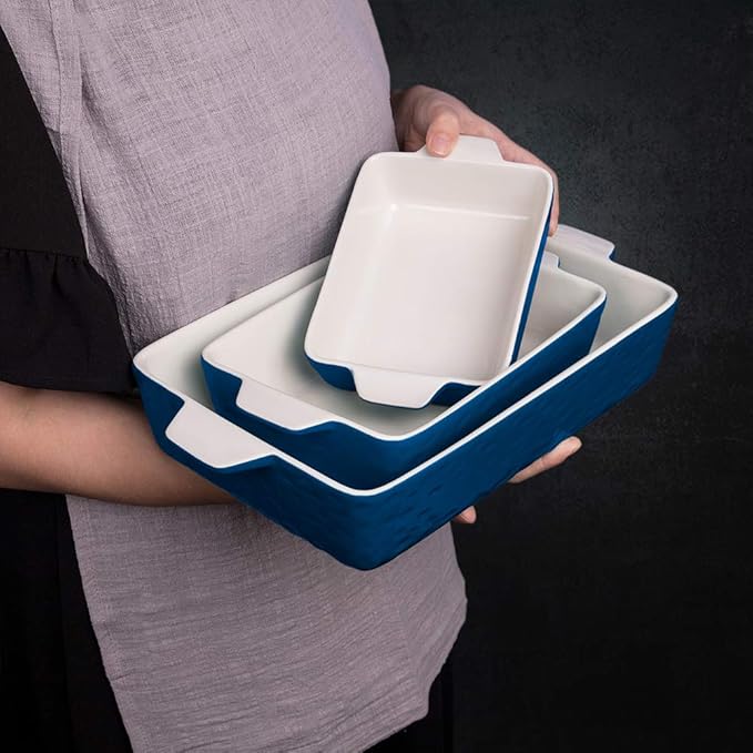 Casserole Dishes for Oven, Ceramic Baking Dishes, Lasagna Pan with Handles, Porcelain Baking Pan Deep, Bakeware for Baking, Cooking, Wedding Gift, Set of 3 (11.6" x 7.8", Dark Blue)