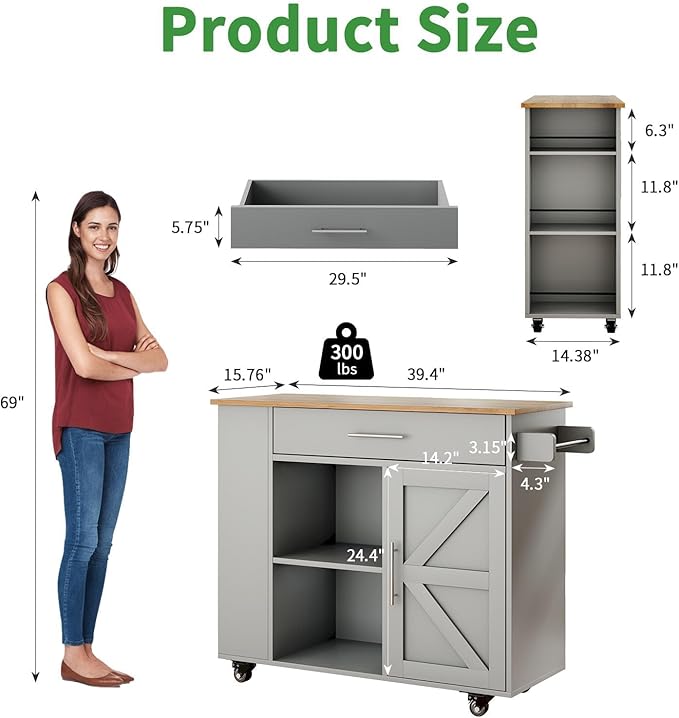 4 EVER WINNER Kitchen Island on Wheels with Storage Cabinet, Kitchen Island Cart with Spice Rack & Towel Rack, Rolling Kitchen Cart with Open Shelves, Portable Island with Drawer, Grey