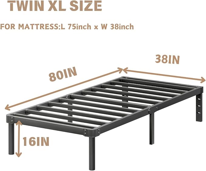 ZIYOO 16 Inch Twin XL Size Metal Platform Bed Frame with Heavy-Duty Steel Slat Support, No Box Spring Needed, Under Bed Storage Space, Easy Assembly, Noise-Free, Sturdy & Durable, Black
