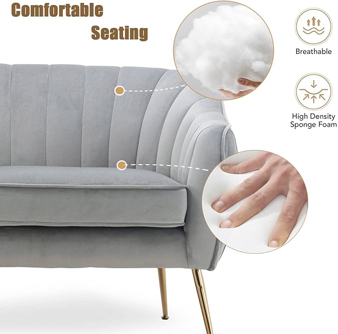 Velvet Couch Sofa Chairs for Two People, Modern Loveseat for Living Rooms, Bedrooms, Small Spaces, Golden Finished, Grey