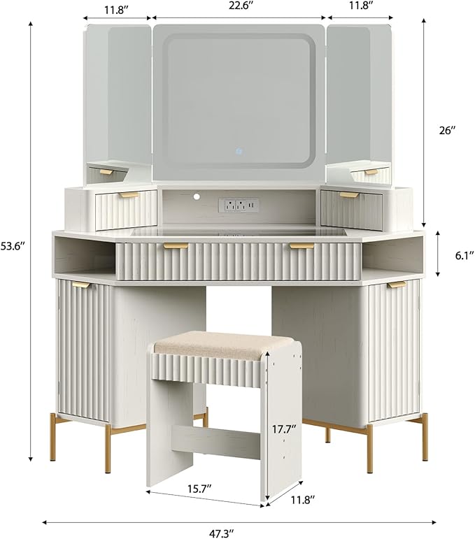 48'' Modern Vanity Desk with HD Triple Mirror & Lights,Large Corner Vanity Table with Glass Top, Charging Station,1Multifunctional Drawers & 2 Small Drawers, Dressing Table Set with 2 Cabinets, White