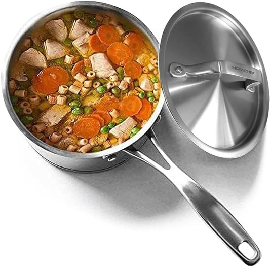 HOMICHEF 1.8 QT NICKEL FREE Stainless Steel Sauce Pan with Lid Coating Free - Non Toxic Matte Polished Stainless Steel Pot with Thick Bottom for Induction