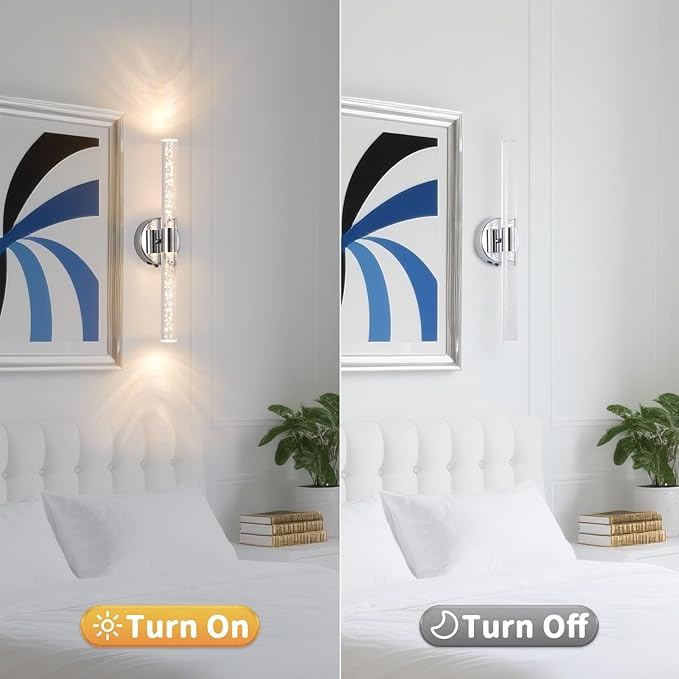 Silver Wall Light LED Battery Operated Wall Sconces(2 Pack), 20-Inch Dimmable Crystal Wall Sconce, Rechargeable Chrome Bubble Wall Lights, Wireless Wall Lamp for Bedroom, Living Room