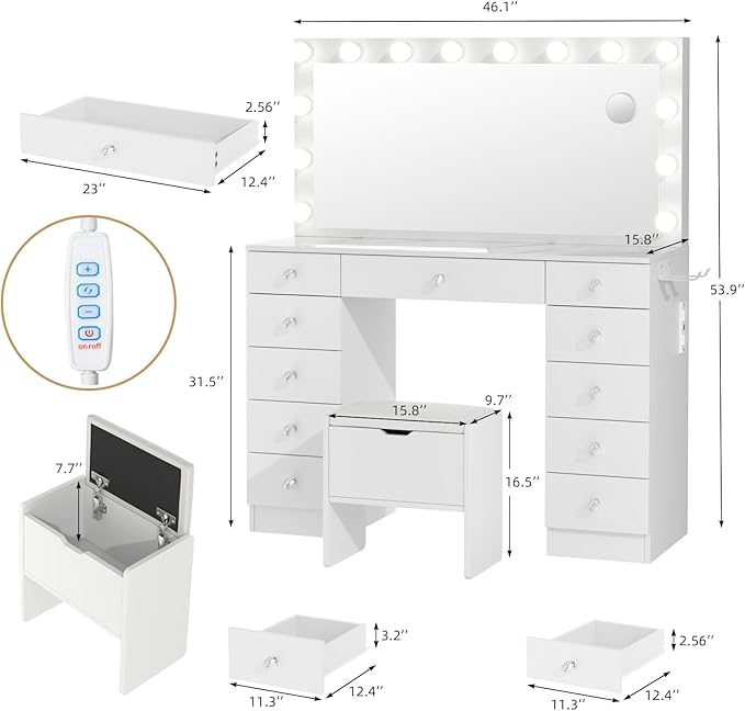 VOWNER Vanity with Lighted Mirror - Makeup Vanity Desk with 11 Drawers and Outlet, 3 Color Lighting Modes Adjustable Brightness, 46" Vanity Table with Soft Cushioned Stool for Bedroom, Marble