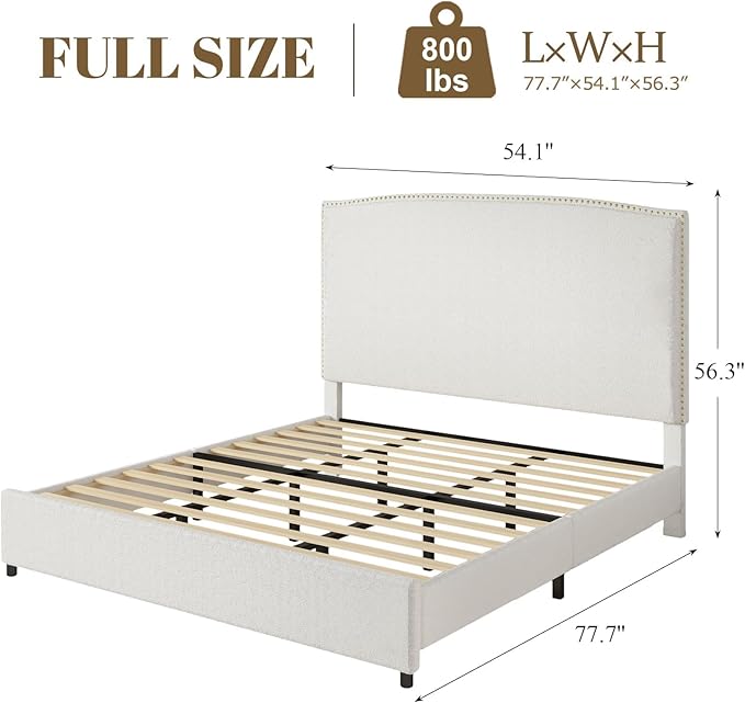 Full Bed Frame, Full Size Upholstered Platform Bed Frame with 56" Headboard, Soft Boucle Fabric, Mid-Century Modern Design, No Box Spring Required, Easy Assembly, White