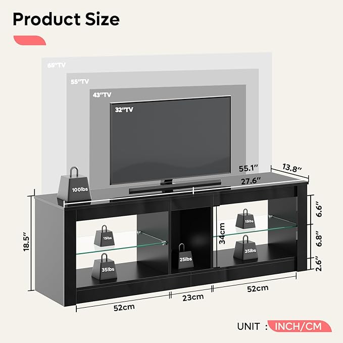 Bestier Modern TV Stand for 65 inch TV with LED Lights, High Gloss Entertainment Console Table with Storage Shelves for Living Room in Glossy Black