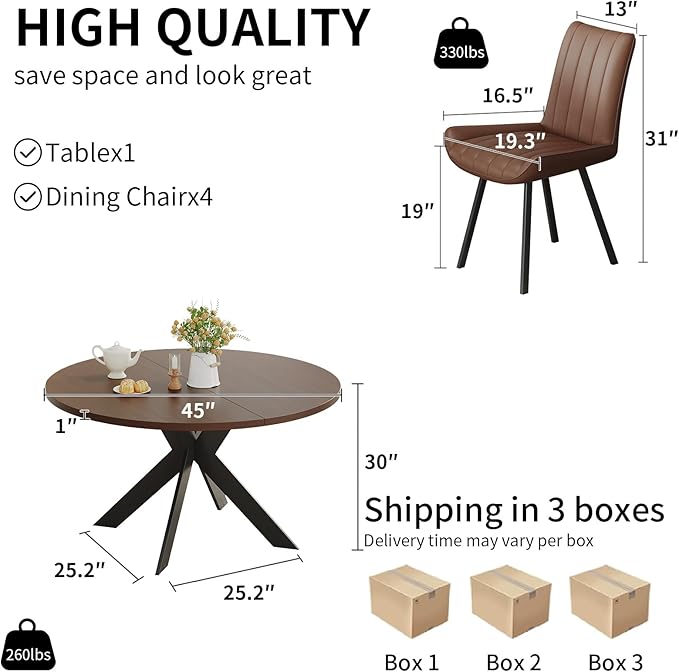 45.3" Walnut Round Dining Table Set with 4 Chairs – Mid-Century Modern Small-Space Kitchen & Dining Room Furniture for Apartment or Breakfast Nook (Walnut – Table + 4 Brown Chairs)