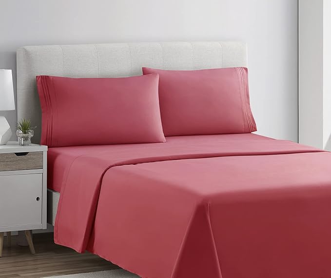 Clara Clark Bed Sheets, Premier 1800 Series 4 Piece Bed Sheet Set, Deep Pocket, Wrinkle, Fade, Stain Resistant, Luxury Soft Bedding Sheets & Pillowcases, Queen, Coral Pink
