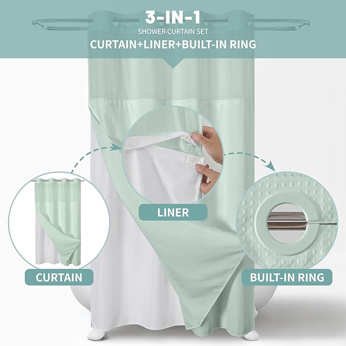 MintGreen No Hook Waffle Weave Shower Curtain with snap-in Liner Replacement, 230GSM Waterproof Fabric Hotel Shower Curtain Set for Bathroom, Through Mesh Top Window,54Wx80H