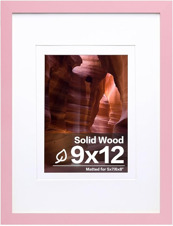 Egofine 9x12 Picture Frame Made of Solid Wood Covered by Plexiglass, Wood Frame for Pictures 5x7/6x8 with Mat or 9x12 without Mat, Tabletop and Wall Mounting Display, Pink
