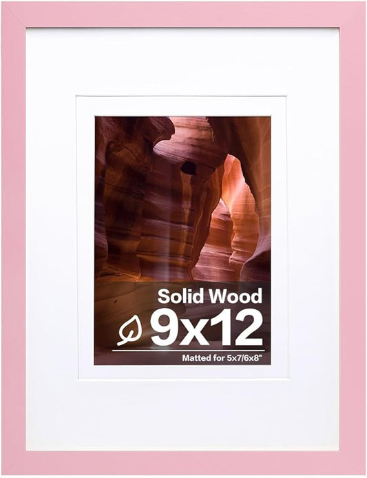 Egofine 9x12 Picture Frame Made of Solid Wood Covered by Plexiglass, Wood Frame for Pictures 5x7/6x8 with Mat or 9x12 without Mat, Tabletop and Wall Mounting Display, Pink