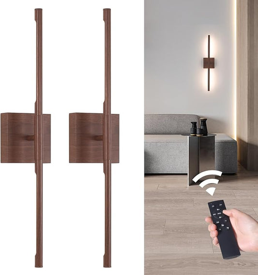 Battery Operated Wall Sconce Set of 2, 8000mAh Rechargeable Wall Sconces, 3000K-6000K Dimmable, 350°Rotate, Indoor Wall Lights for Bedroom Living Room Bathroom, Black Walnut, 23.6 Inch