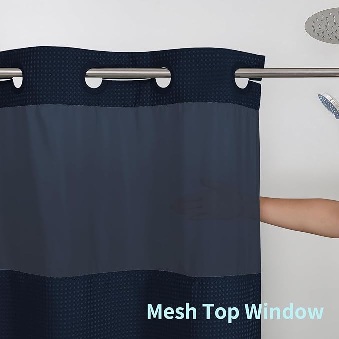 Colorful Star Extra Long Waffle Weave Shower Curtains, 256GSM Heavy Duty Shower Curtain with Snap in Fabric Liner, Hotel Style No Hook Waterproof Bathroom Curtain Set, 72 x 87 Inch, Navy Blue