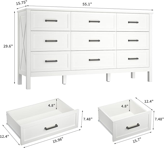 Farmhouse 9 Drawers Dresser for Bedroom, Wood Rustic Wide Dressers with Metal Handles, Wood Chest for Bedroom, Hallway, Entryway, White