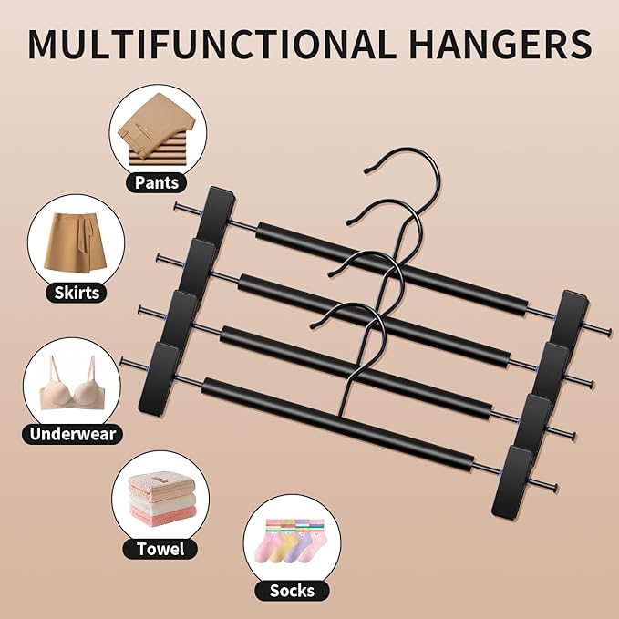 Wooden Pants Hangers with Clips 10 Pack Adjustable Wood Skirt Hangers for Women&Men Space Saving Closet Non Slip Clothes Hanger for Jeans,Trousers,Short,12Inch Black