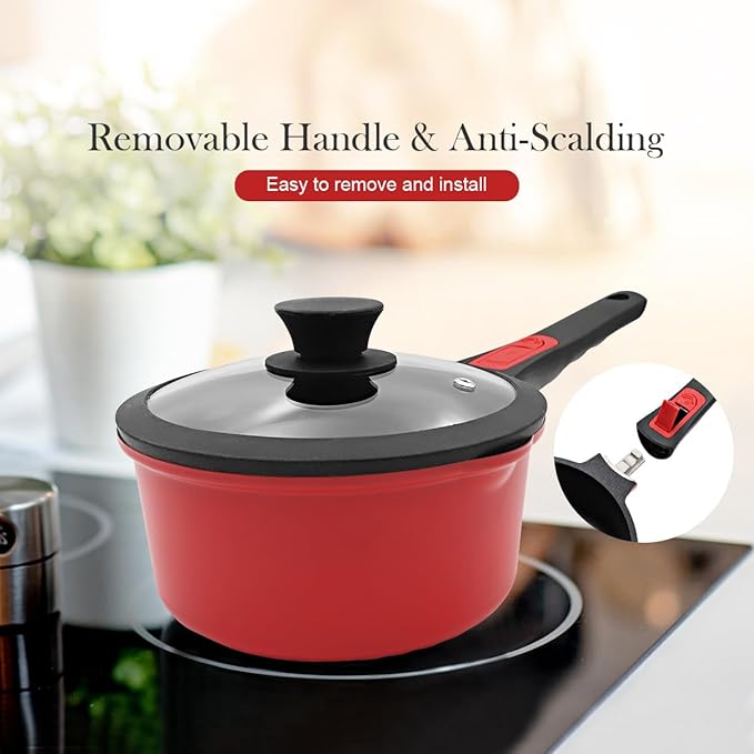 Nonstick Saucepan with Lid, 1.5 Quart Small Sauce Pan Milk Pot with Detachable Handle, Nonstick Sauce Pot Compatible for All Stoves, Oven Safe